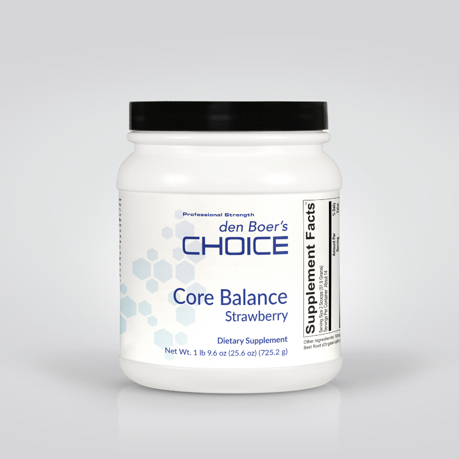 Core Balance Strawberry supplement for promoting gut health, inflammatory balance, and immune function with 19 grams of rice protein.