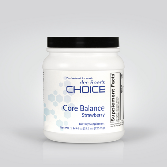 Core Balance Strawberry supplement for promoting gut health, inflammatory balance, and immune function with 19 grams of rice protein.