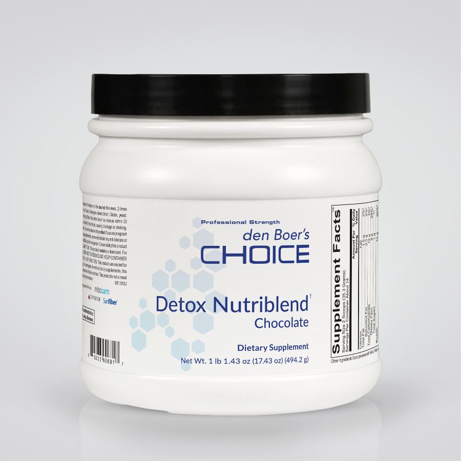 Detox Nutriblend Chocolate supplement for liver health, detox support, and gut health with antioxidant protection.