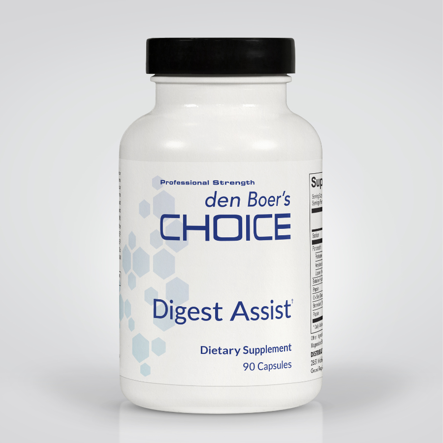 Digest Assist bottle supporting digestive health with enzymes for protein, fat, and carbohydrate breakdown.