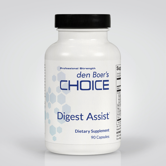 Digest Assist bottle supporting digestive health with enzymes for protein, fat, and carbohydrate breakdown.