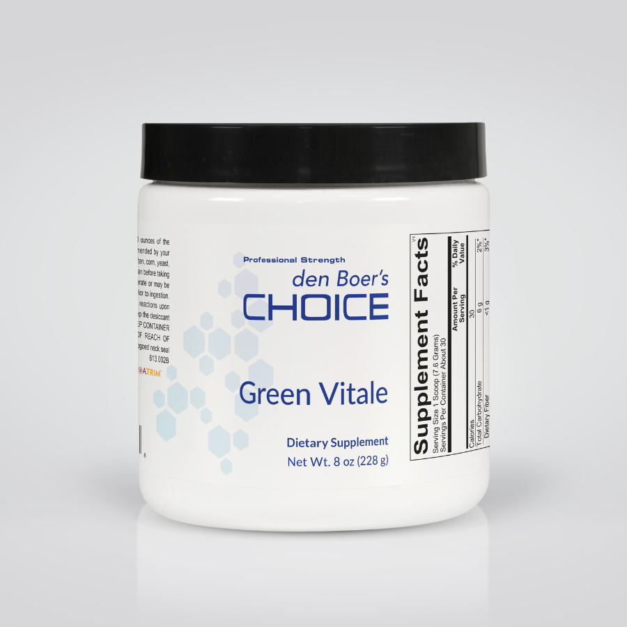 Green Vitale superfood powder containing organic fruits, vegetables, and greens for boosting energy, detoxification, and antioxidant protection.