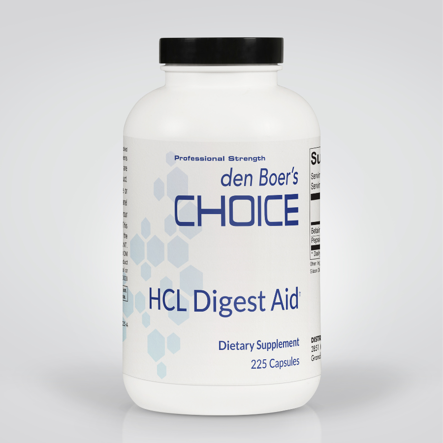 HCL Digest Aid supplement for enhancing stomach acid production and promoting healthy digestion with betaine HCl and pepsin.