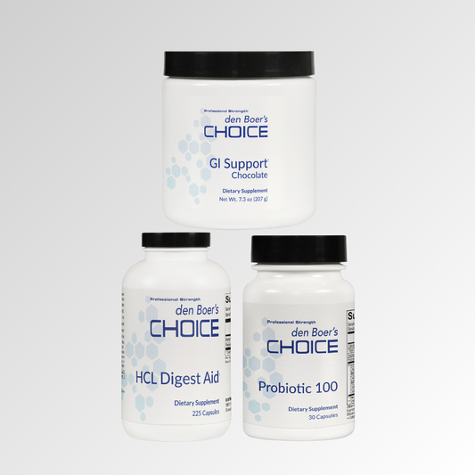 Normal Gut Bundle with GI Support Chocolate, Probiotic 100, and HCL Digest Aid for digestive health, gut barrier integrity, and immune support.