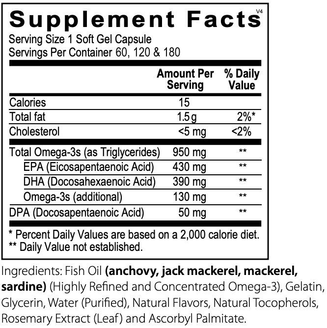 Omega 3 Essentials supplement with high-potency omega-3 fatty acids EPA, DHA, and DPA for cardiovascular and brain health.

