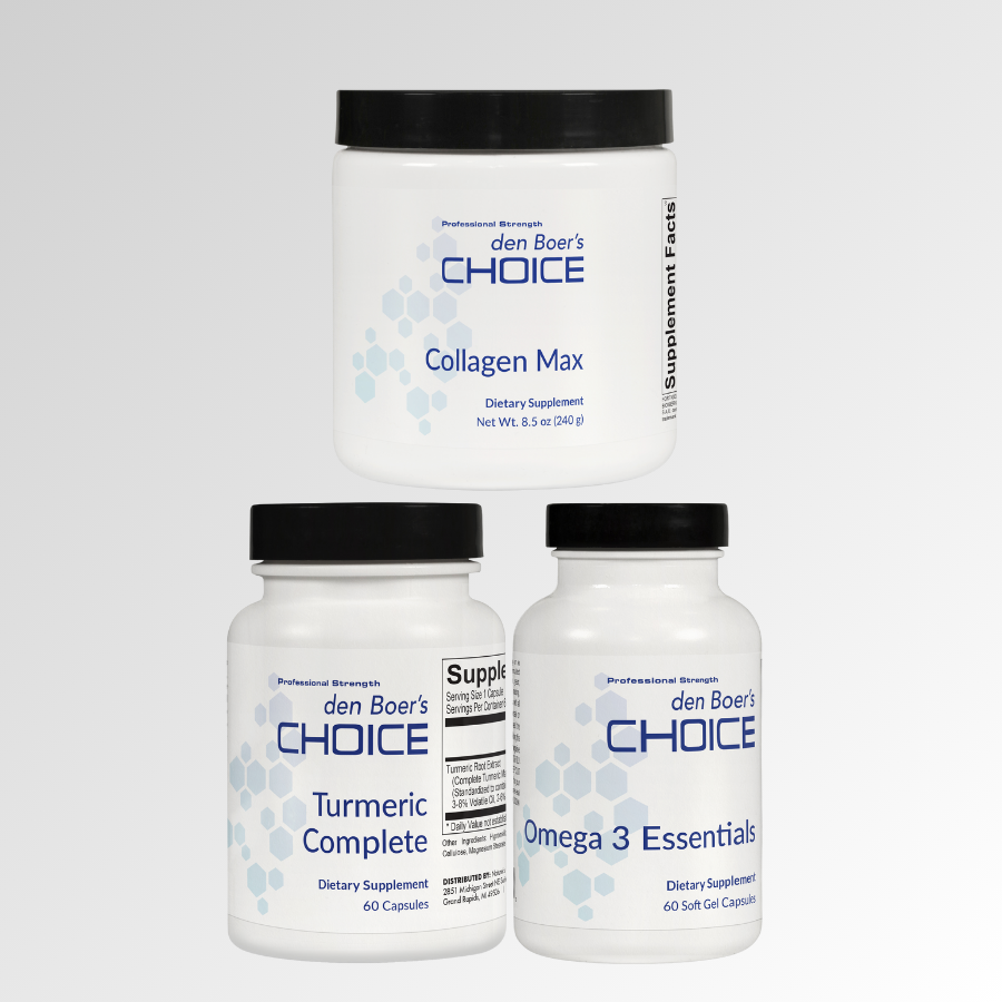 Pain Bundle with Turmeric Complete, Collagen Max, and Omega 3 Essentials for joint health, inflammation support, and pain relief.
