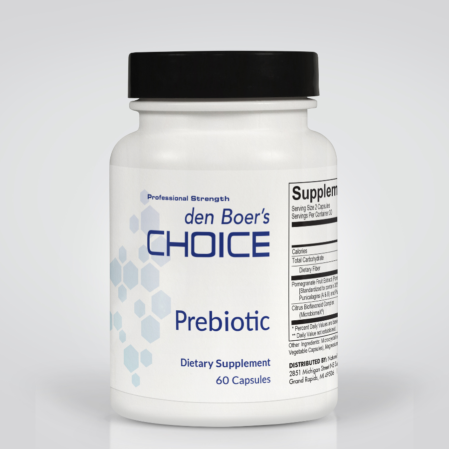 Prebiotic supplement promoting gut health, reducing bloating, and supporting immune function with polyphenol-rich extracts.