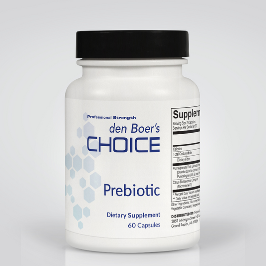 Prebiotic supplement promoting gut health, reducing bloating, and supporting immune function with polyphenol-rich extracts.