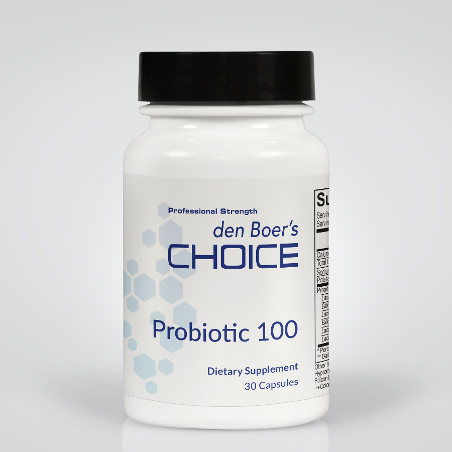 Probiotic 100 supplement bottle with 100 billion CFUs for digestive health, immune support, and inflammation balance.
