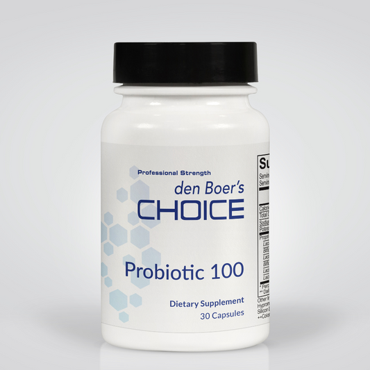 Probiotic 100 supplement bottle with 100 billion CFUs for digestive health, immune support, and inflammation balance.