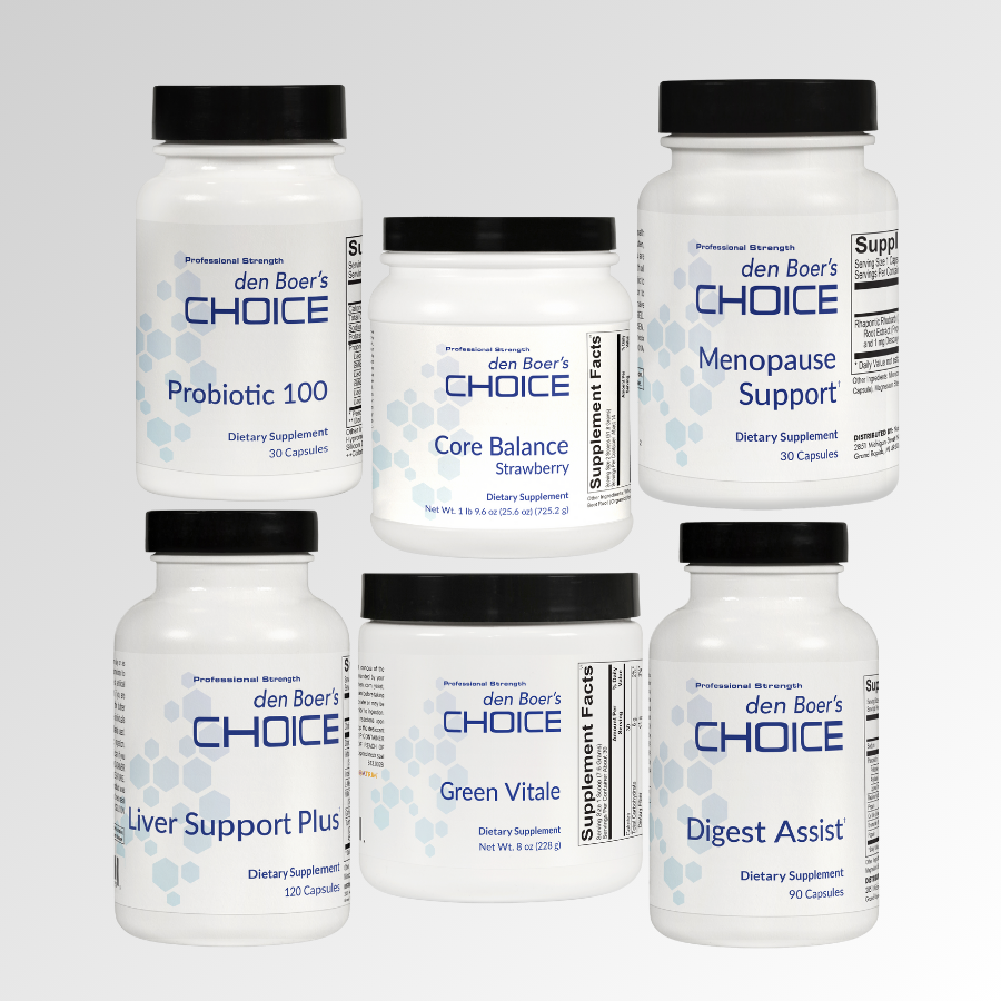Problem Gut Bundle with Probiotic 100, Digest Assist, Liver Support Plus, Core Balance Strawberry, GI Support Chocolate, and Green Vitale for gut health, detoxification, and digestion.