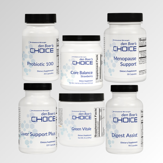 Problem Gut Bundle with Probiotic 100, Digest Assist, Liver Support Plus, Core Balance Strawberry, GI Support Chocolate, and Green Vitale for gut health, detoxification, and digestion.