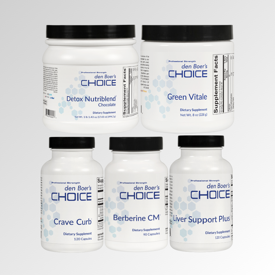 Weight Loss Bundle with Berberine CM, Liver Support Plus, Crave Curb, Detox Nutriblend Chocolate, and Green Vitale for weight management and detoxification.