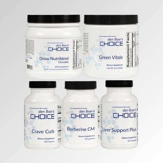 Weight Loss Bundle with Berberine CM, Liver Support Plus, Crave Curb, Detox Nutriblend Chocolate, and Green Vitale for weight management and detoxification.